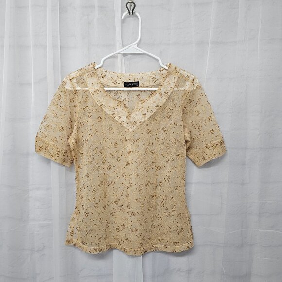 John & Philip Tan Gold Fairy Twee Blouse Sheer Floral Coquette Whimsy M - Picture 7 of 9